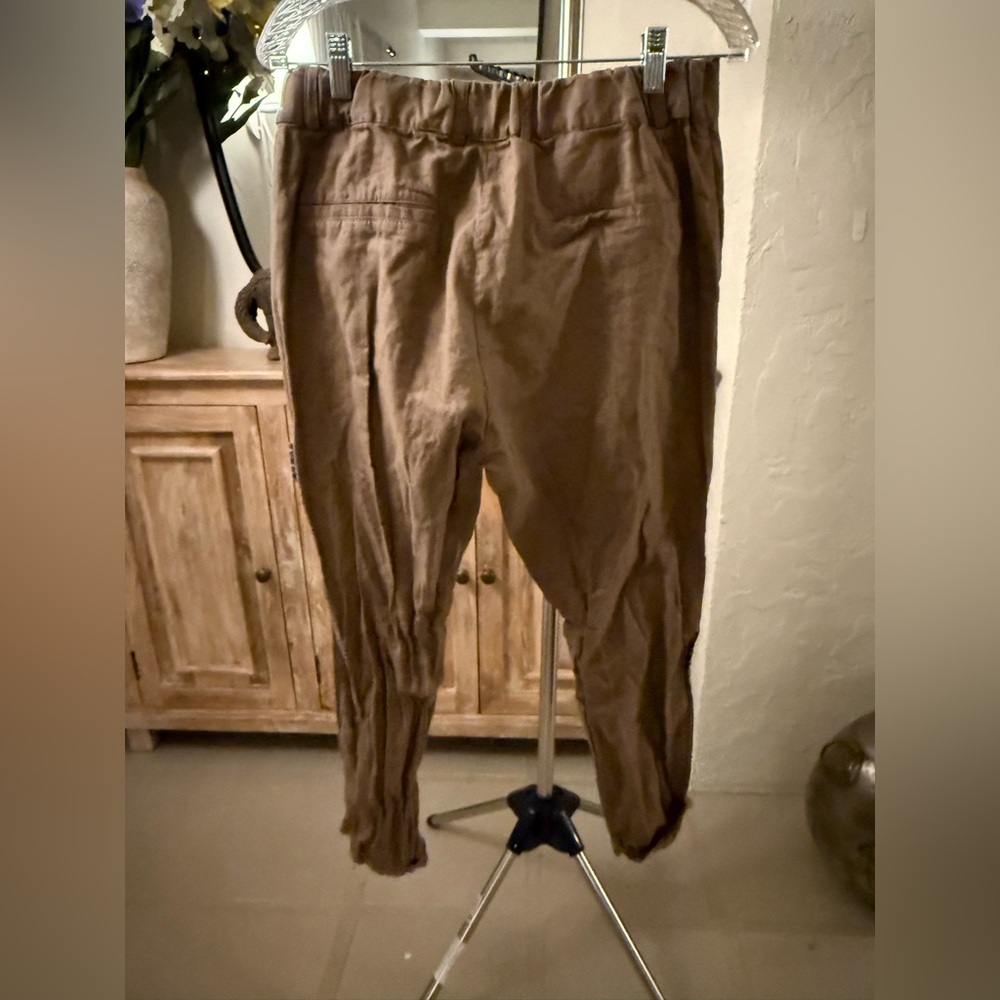Dear Deer 100% Linen Brown Tapered Cropped Trousers Relaxed Low Rise Pants L - Picture 6 of 11